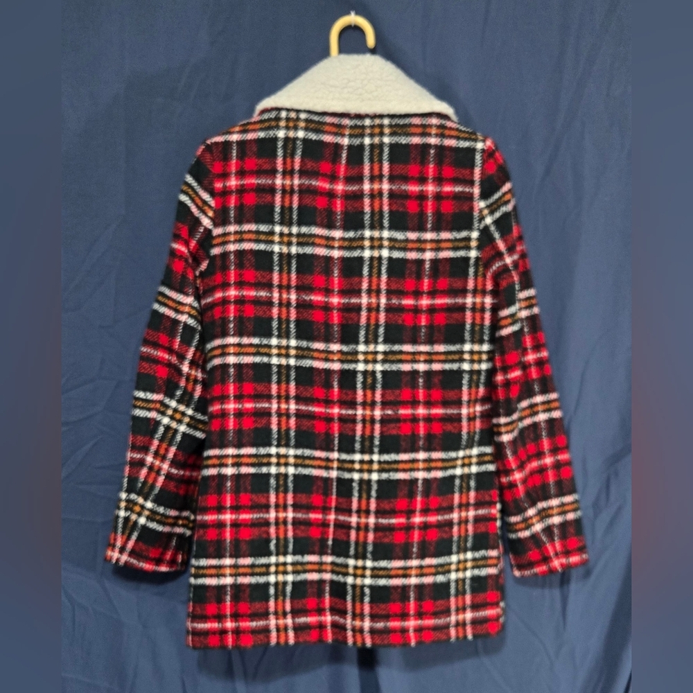 French Connection Red Plaid Pea Coat with White Faux Shearling Collar - Size XS - Picture 4 of 10
